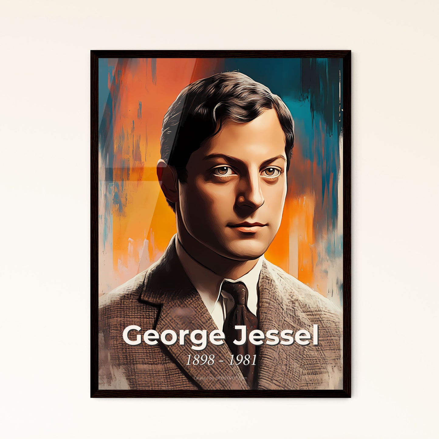 Portrait of George Jessel, 1898 - 1981. Impressionistic painting of a man in a suit.