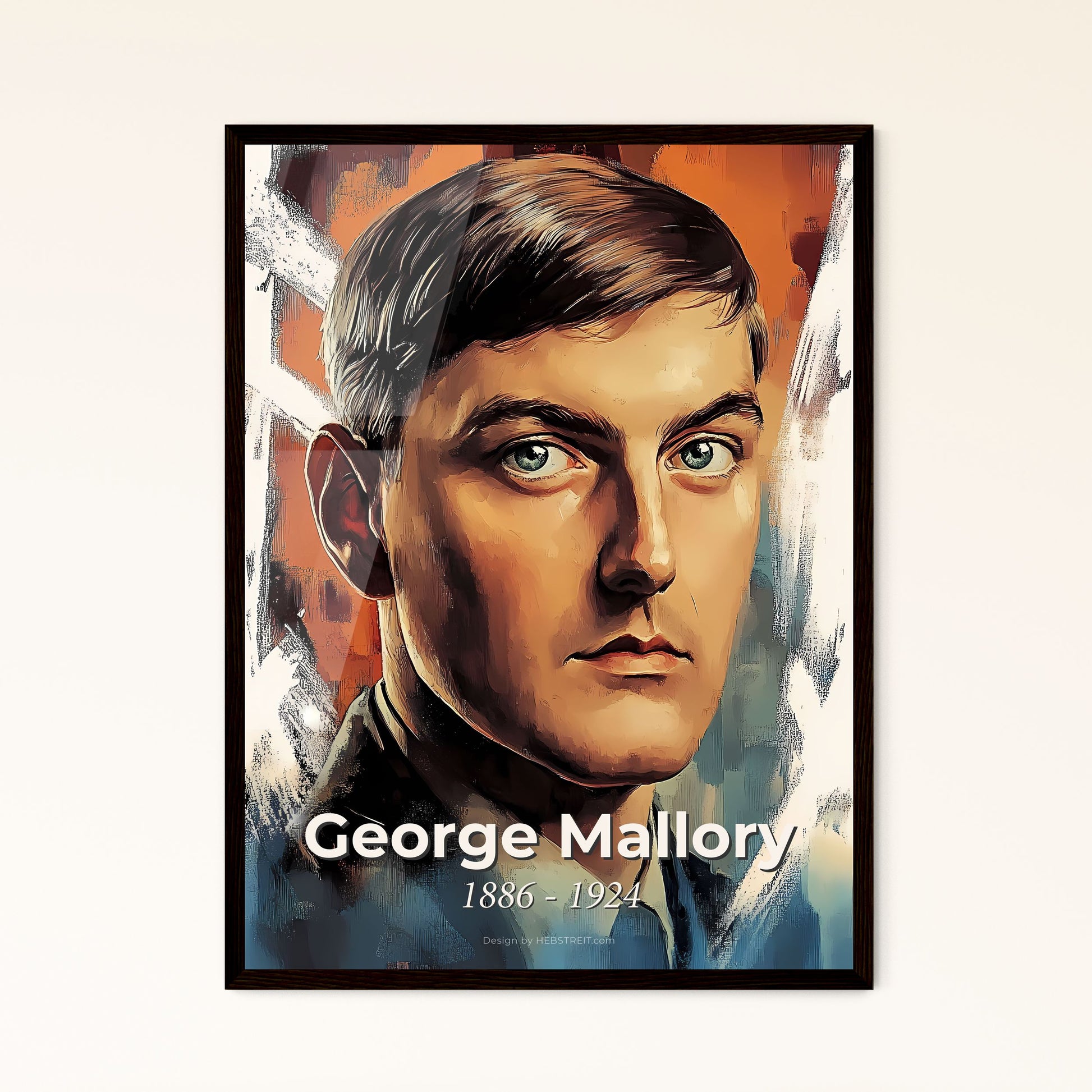 Portrait of George Mallory, 1886 - 1924. Impressionistic painting of a man with blue eyes and a white background.