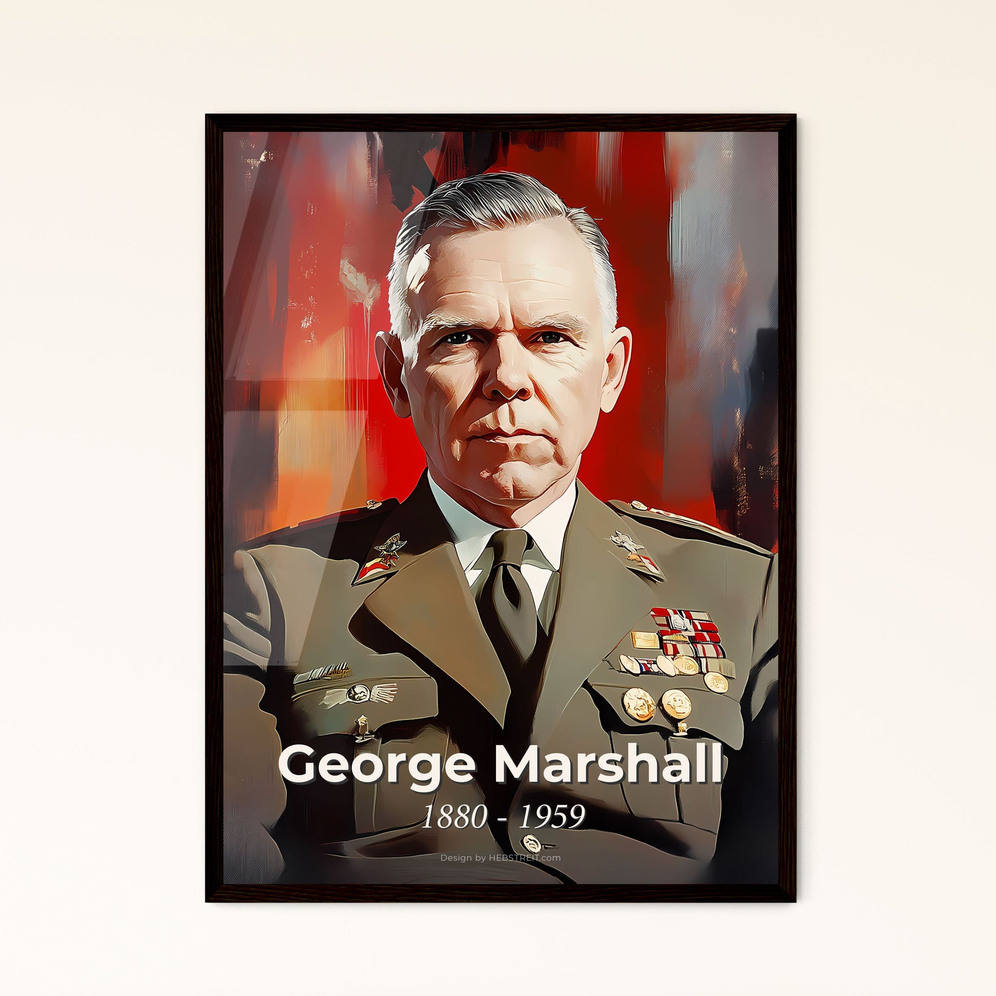 Portrait of George Marshall, 1880 - 1959. Impressionistic painting of a man in a military uniform.