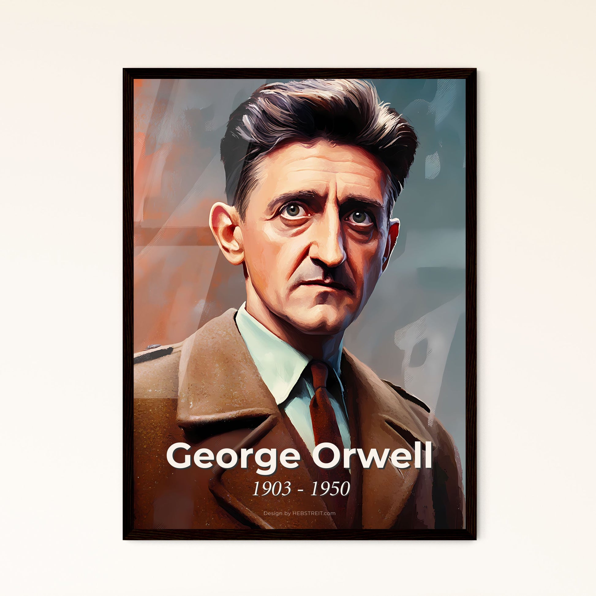 Portrait of George Orwell, 1903 - 1950. Impressionistic painting of a man in a brown coat.