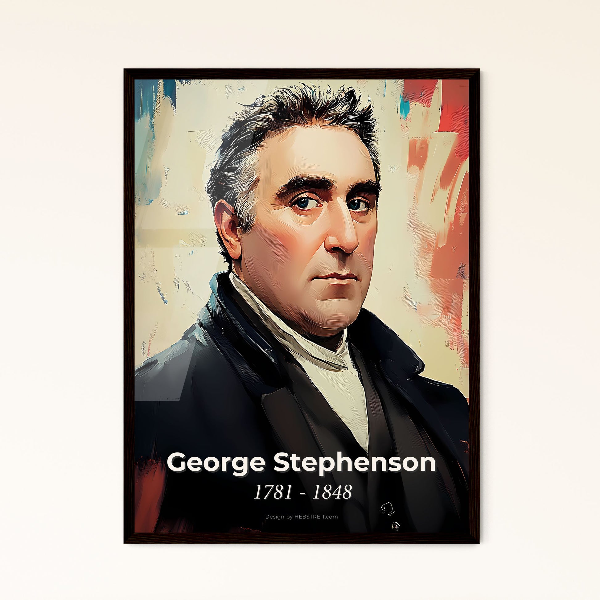 Portrait of George Stephenson, 1781 - 1848. Impressionistic painting of a man in a black coat.