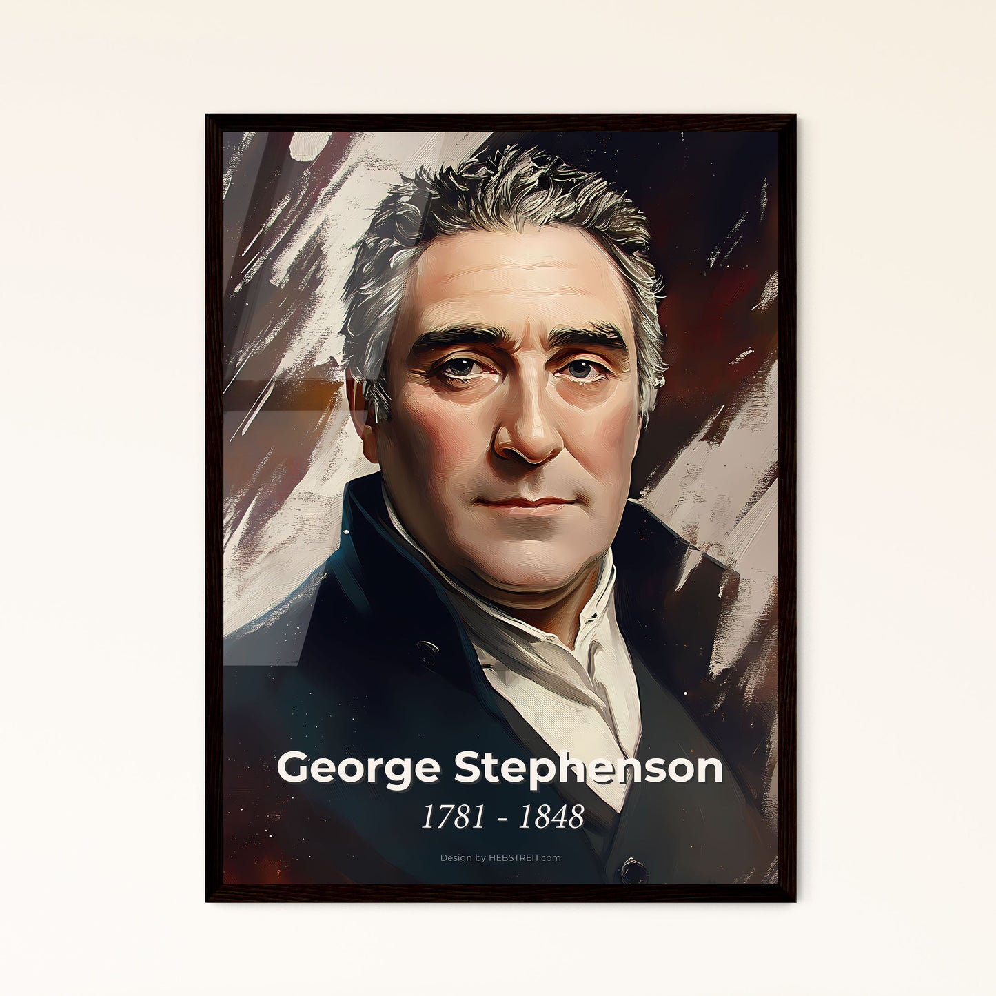 Portrait of George Stephenson, 1781 - 1848. Impressionistic painting of a man in a black coat.