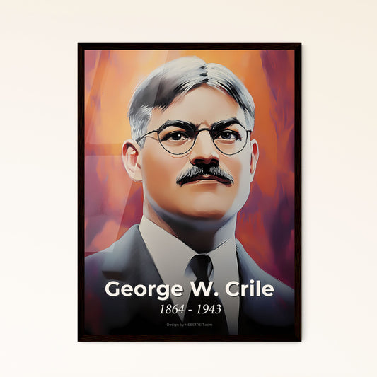 Portrait of George W. Crile, 1864 - 1943. Impressionistic painting of a man with a mustache wearing glasses.