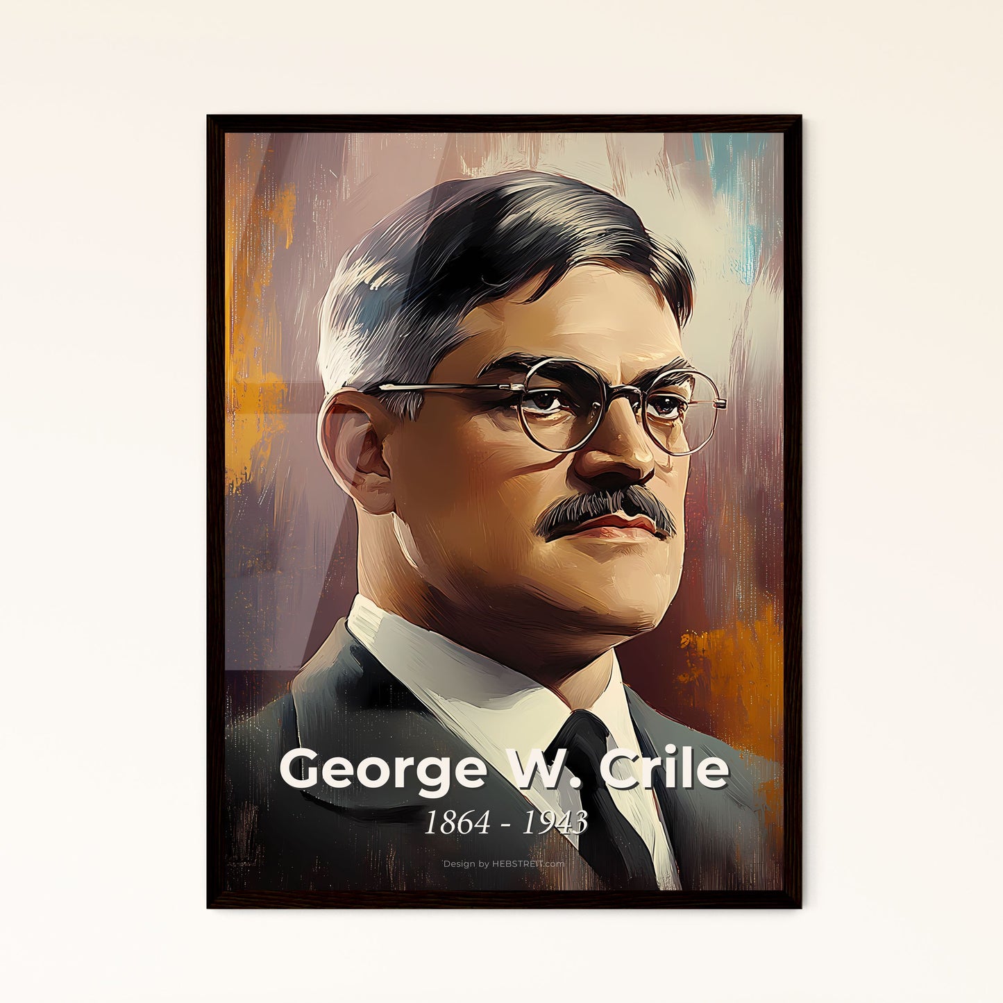 Portrait of George W. Crile, 1864 - 1943. Impressionistic painting of a man with a mustache wearing glasses.