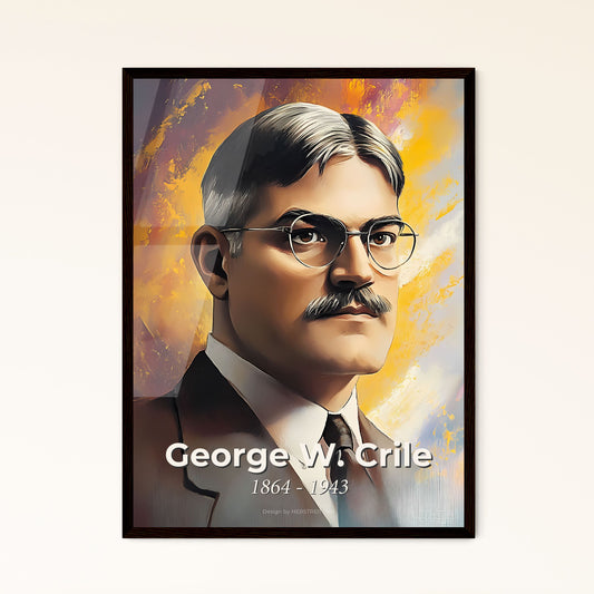 Portrait of George W. Crile, 1864 - 1943. Impressionistic painting of a man with a mustache wearing glasses.