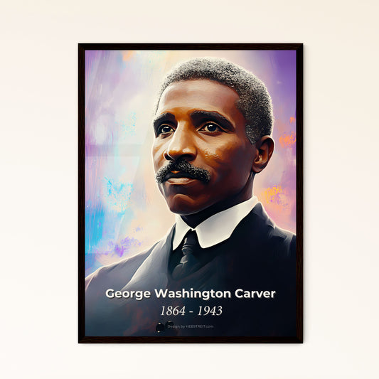 Portrait of George Washington Carver, 1864 - 1943. Impressionistic painting of a man with a mustache and a suit.