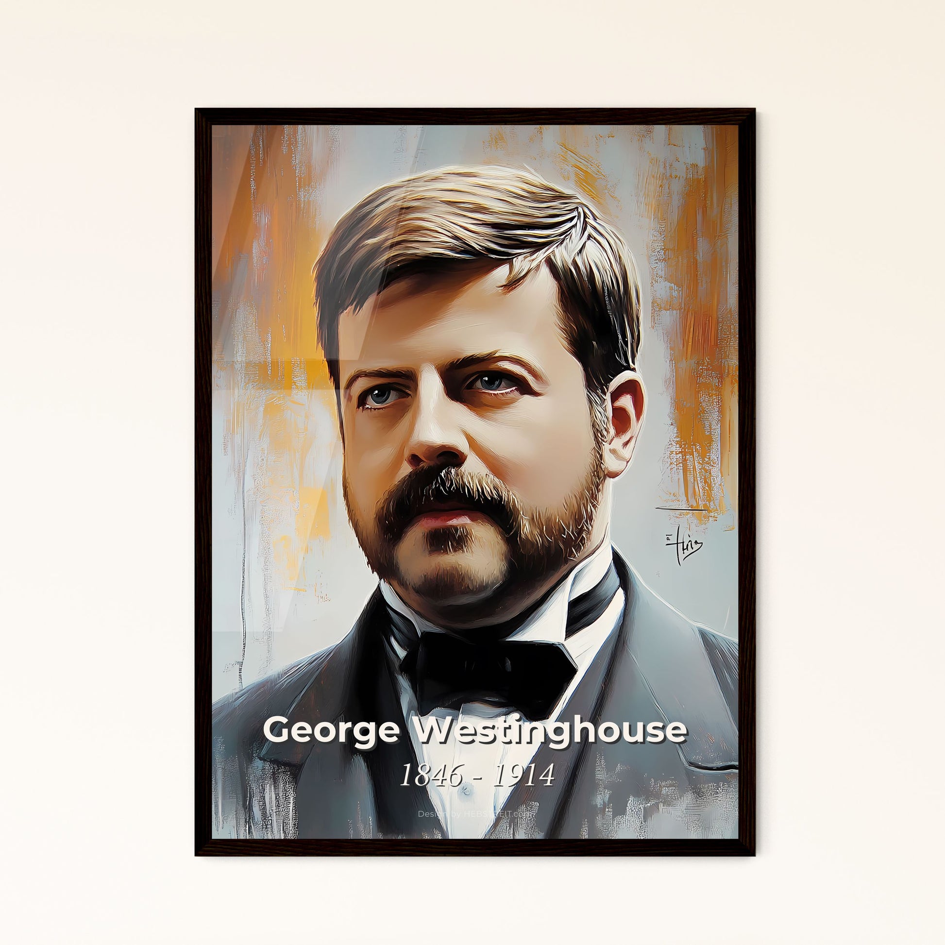 Portrait of George Westinghouse, 1846 - 1914. Impressionistic painting of a man with a mustache and a bow tie.