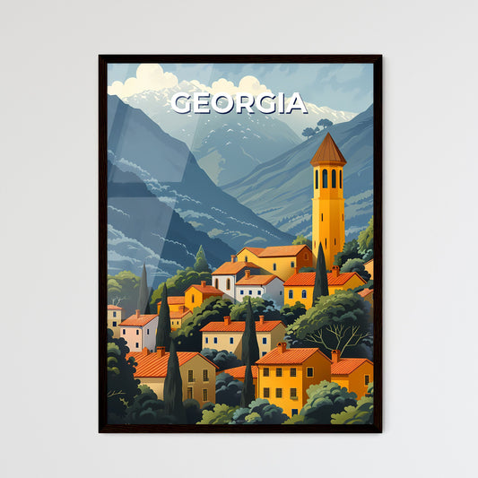 Vivid Painting: Yellow Towered Building Set Against Mountainous European Landscape, Georgia