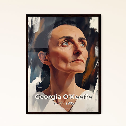 Portrait of Georgia O'Keeffe, 1887 - 1986. Impressionistic painting of a woman looking up to the side.