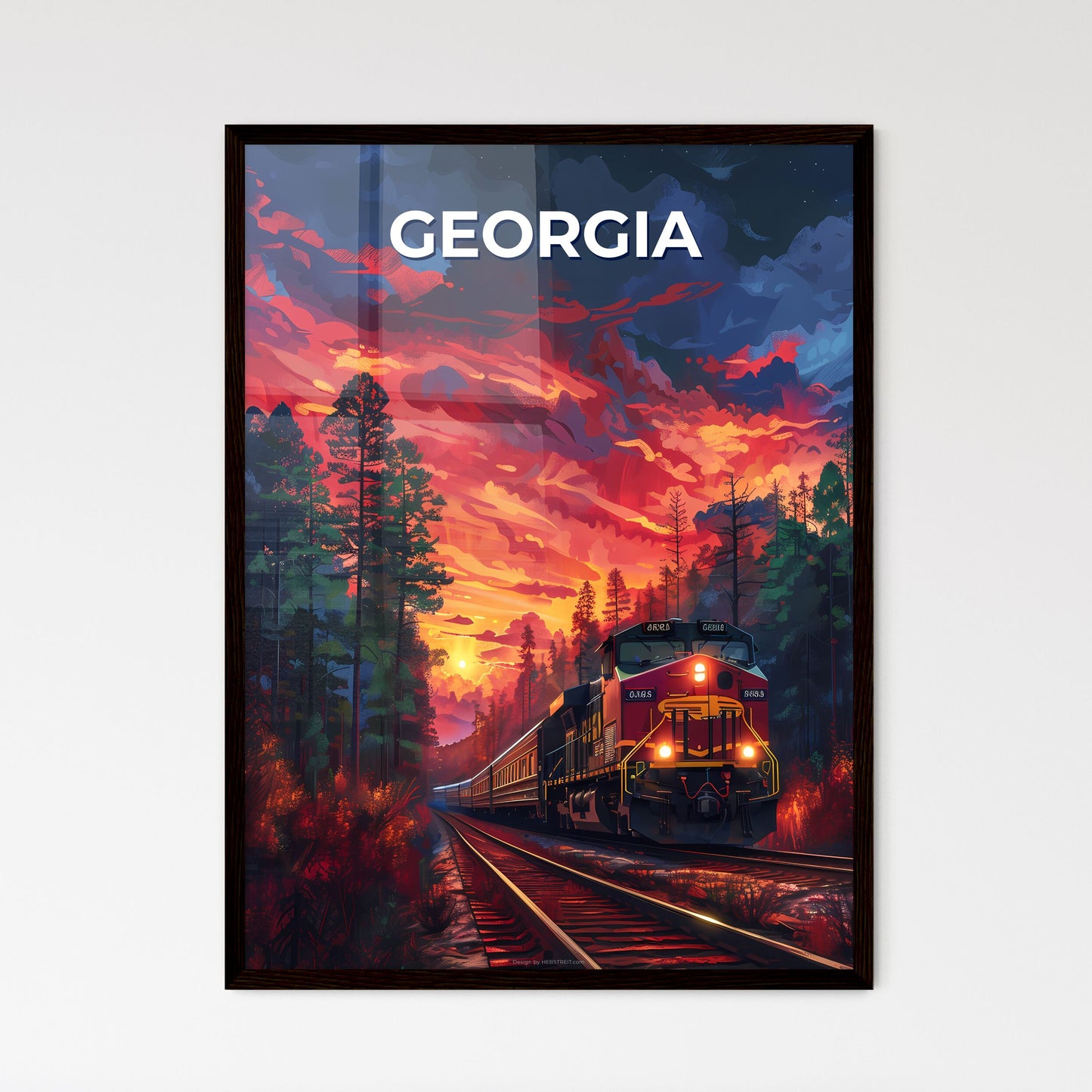 Georgia, USA - Painting of a Train on Tracks with Colorful Trees and a Sunset