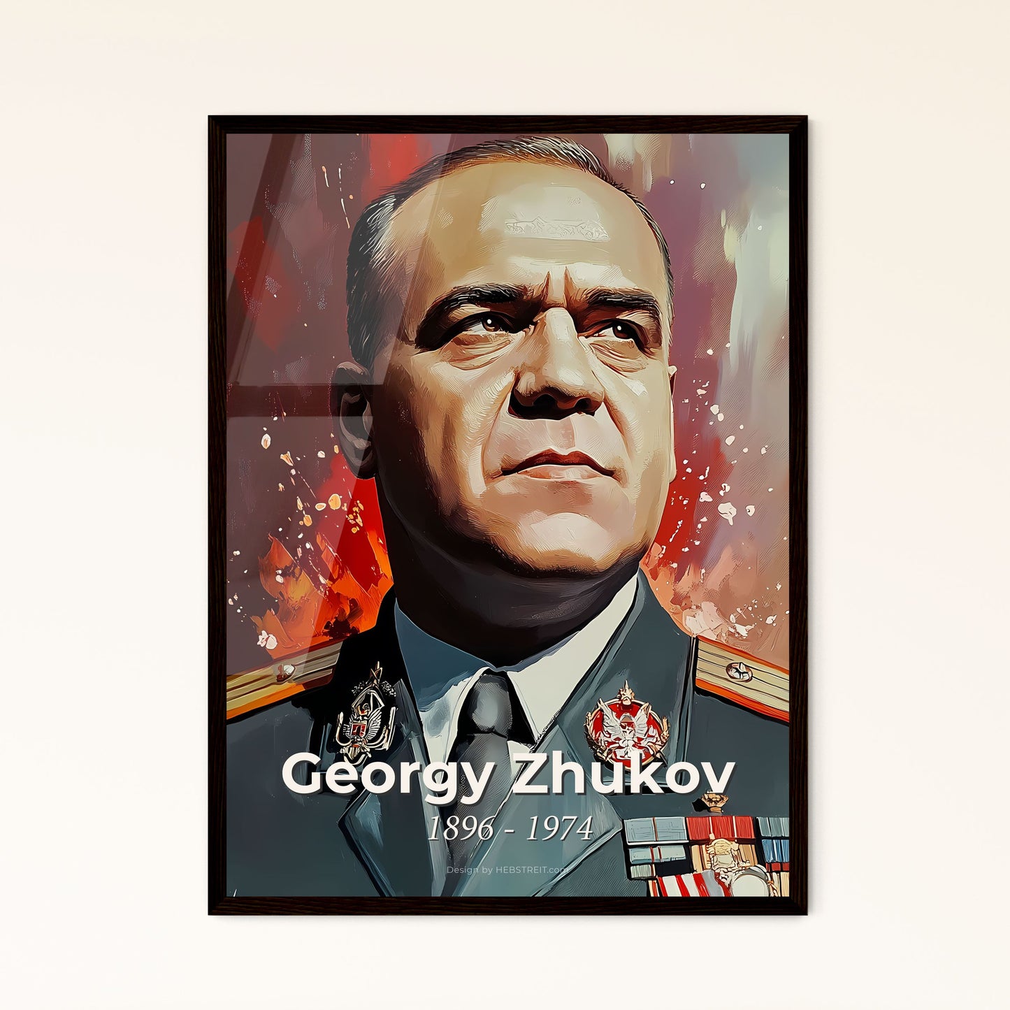 Portrait of Georgy Zhukov, 1896 - 1974. Impressionistic painting of a man in a military uniform.