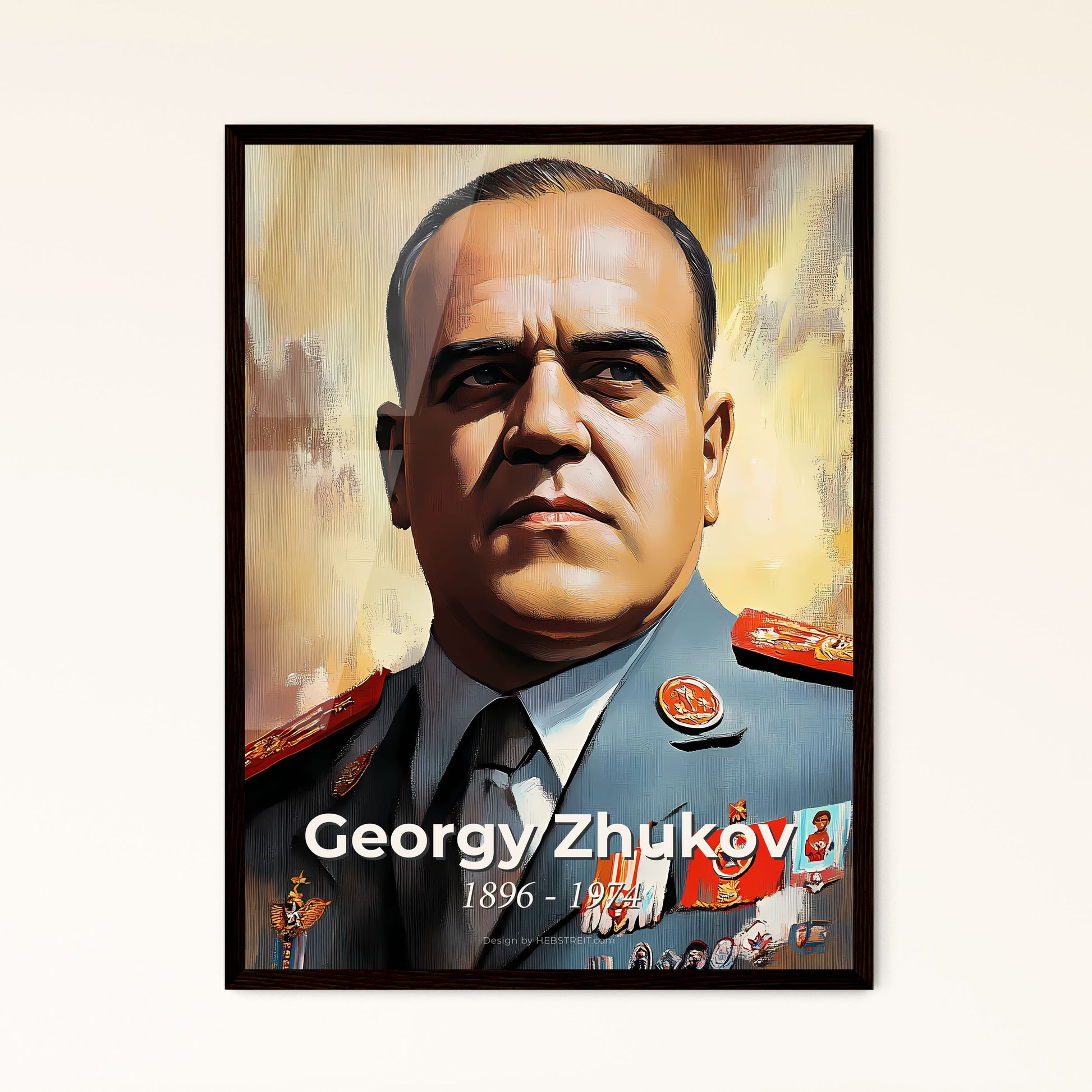 Portrait of Georgy Zhukov, 1896 - 1974. Impressionistic painting of a man in a military uniform.