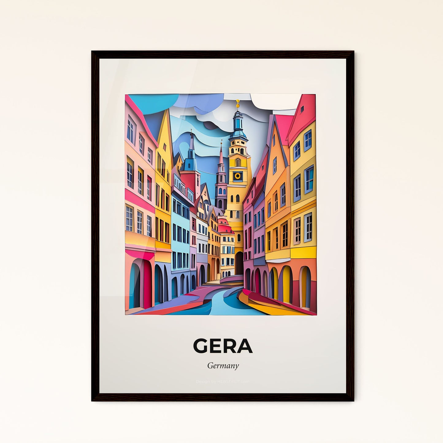 Vivid Gera, Germany - a painting of a city street with a clock tower