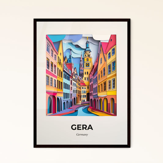 Vivid Gera, Germany - a painting of a city street with a clock tower