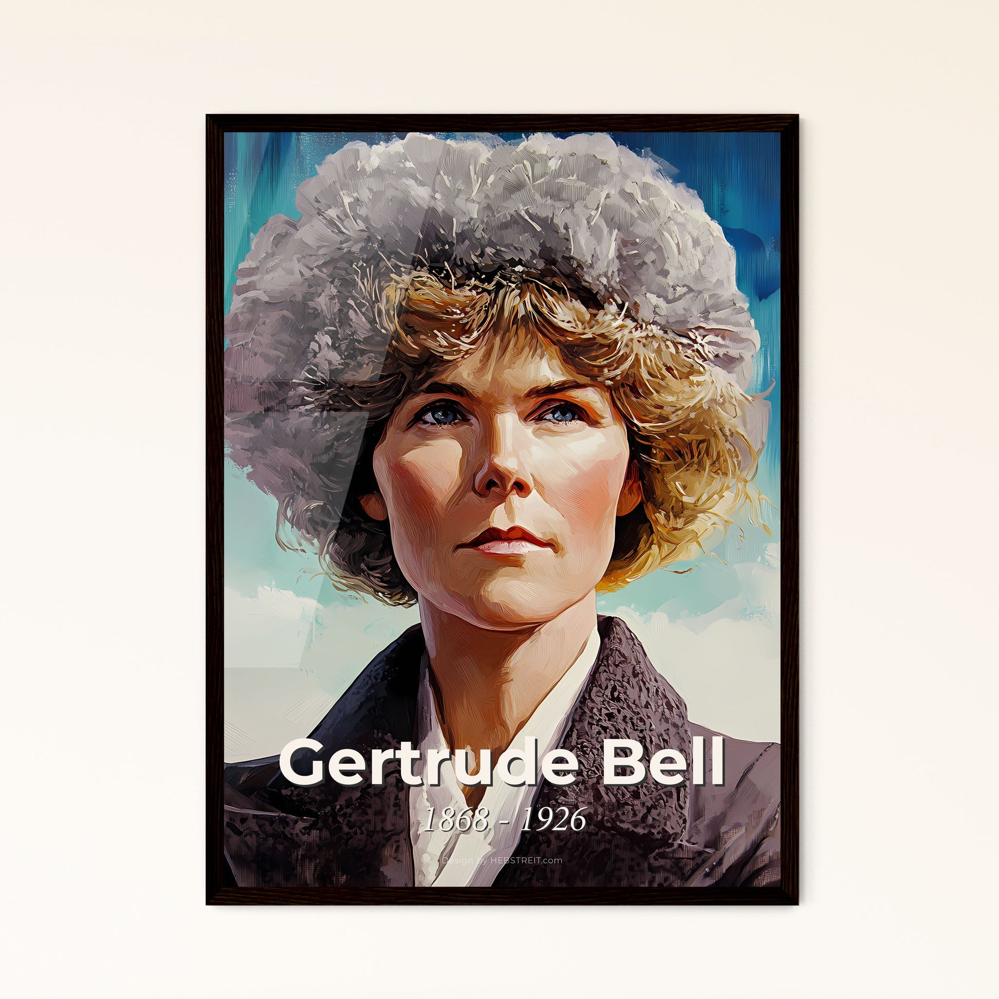 Portrait of Gertrude Bell, 1868 - 1926. Impressionistic painting of a woman with a fluffy hat.