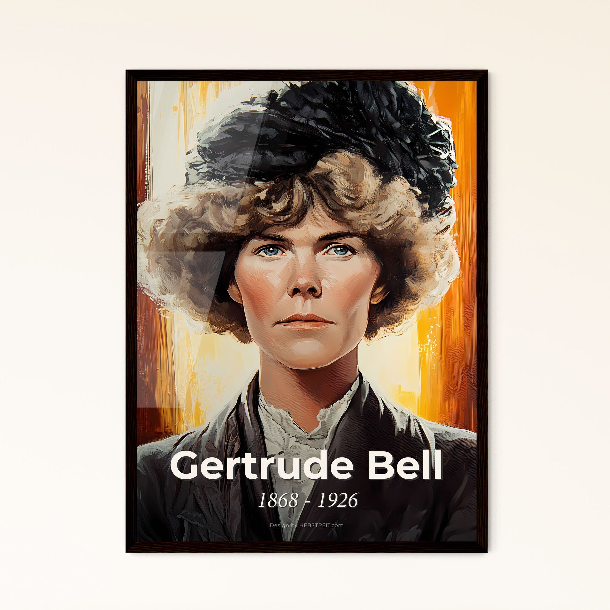 Portrait of Gertrude Bell, 1868 - 1926. Impressionistic painting of a woman with curly hair and a black hat.