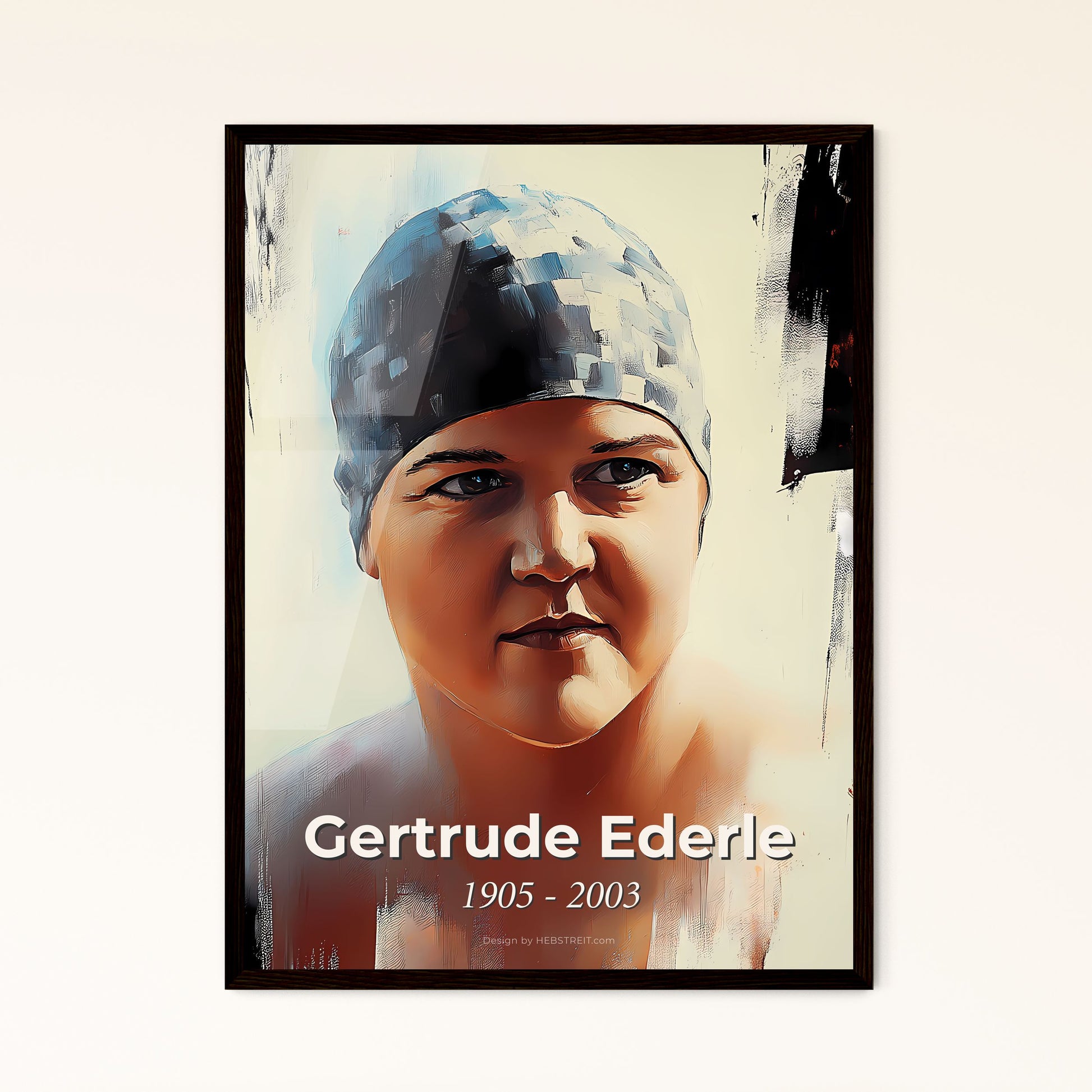 Portrait of Gertrude Ederle, 1905 - 2003. Impressionistic painting of a person wearing a swim cap.