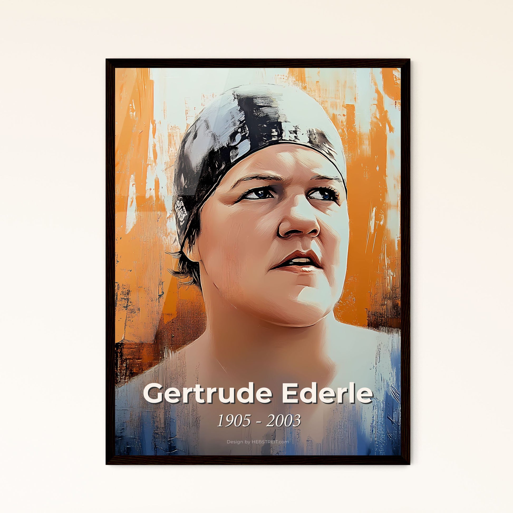 Portrait of Gertrude Ederle, 1905 - 2003. Impressionistic painting of a woman wearing a bandana.