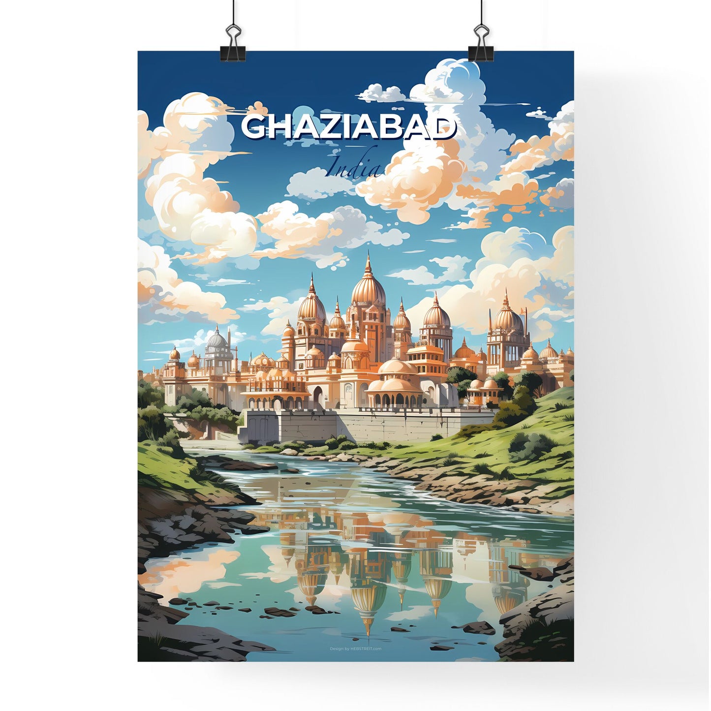 Ghaziabad City Skyline India Canvas Painting Art Blue Sky Castle River Default Title