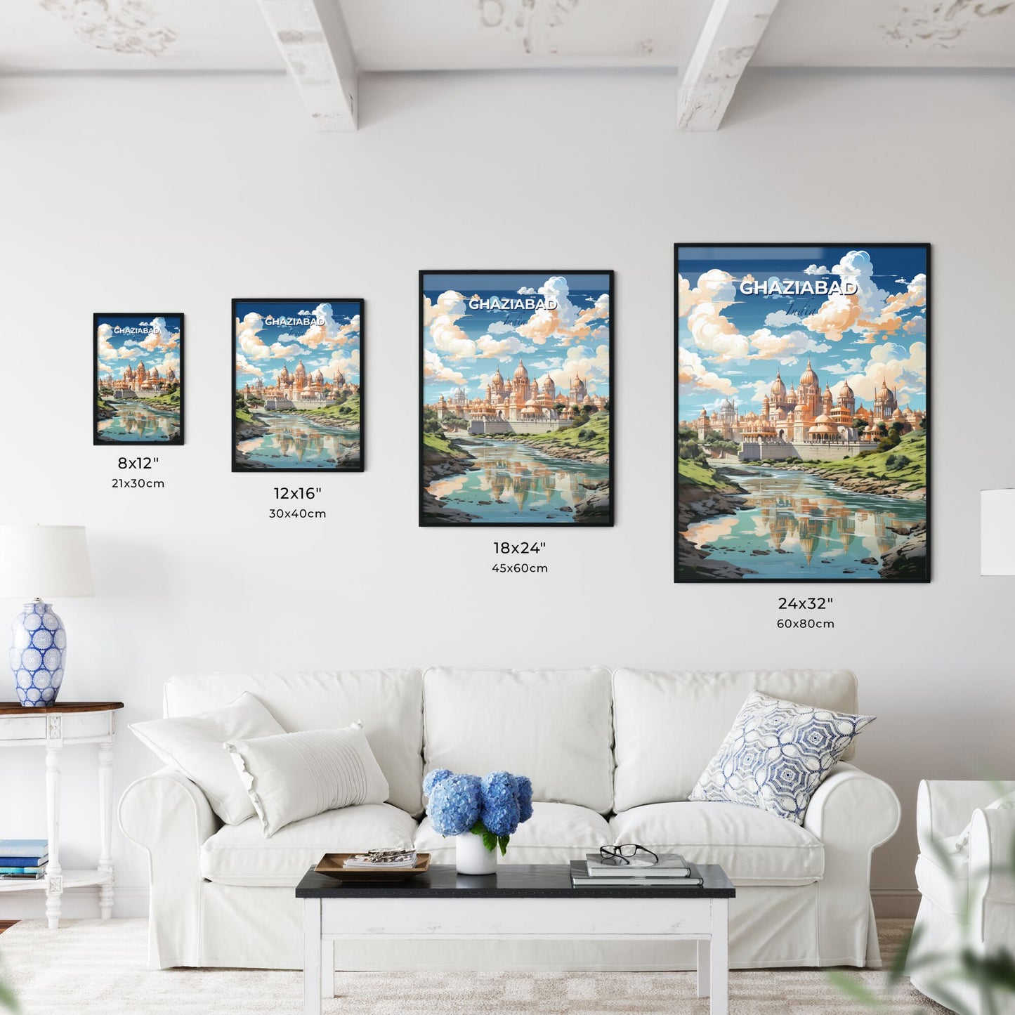 Ghaziabad City Skyline India Canvas Painting Art Blue Sky Castle River Default Title