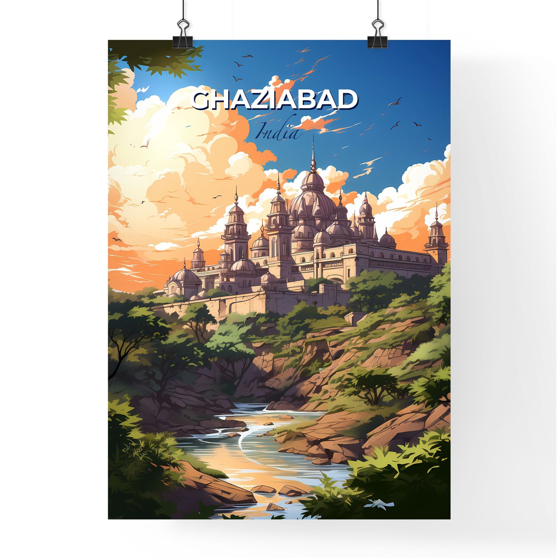 Panoramic View of Ghaziabad Skyline Featuring Castle on Hilltop Surrounded by Verdant Trees and Flowing River in Vibrant Artwork Default Title