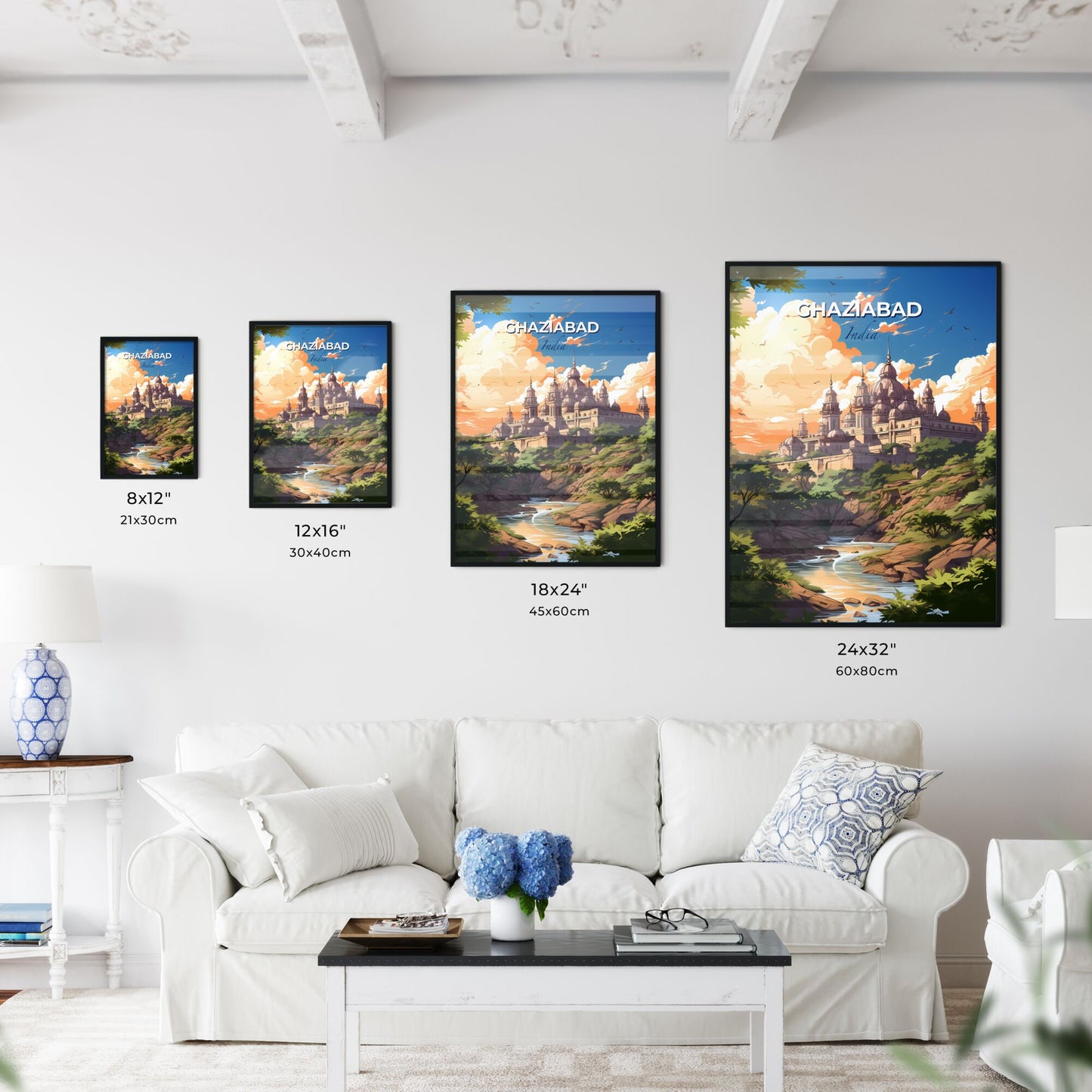 Panoramic View of Ghaziabad Skyline Featuring Castle on Hilltop Surrounded by Verdant Trees and Flowing River in Vibrant Artwork Default Title