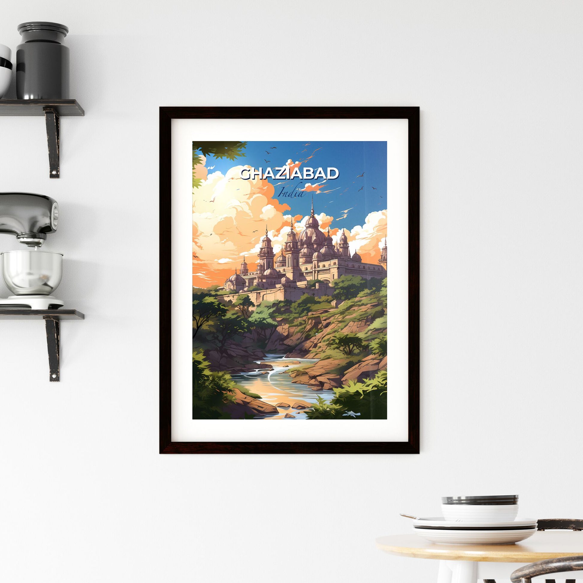 Panoramic View of Ghaziabad Skyline Featuring Castle on Hilltop Surrounded by Verdant Trees and Flowing River in Vibrant Artwork Default Title