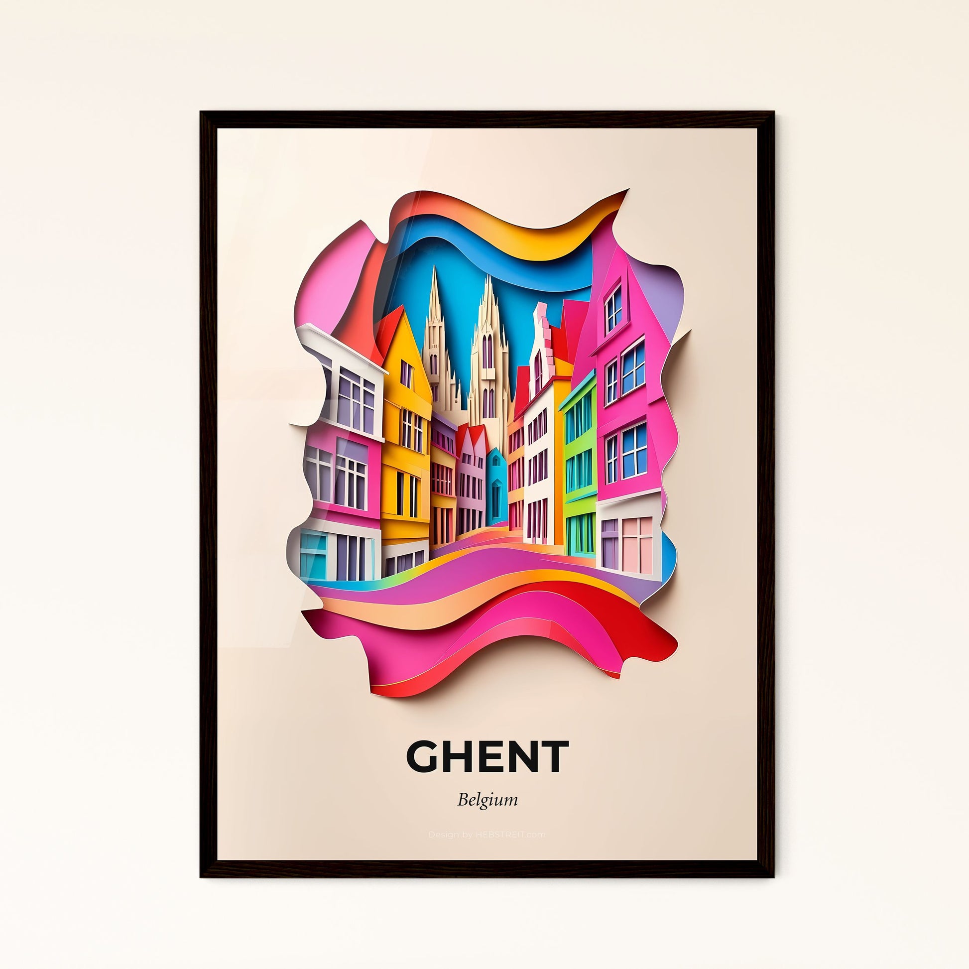 Vivid Ghent , Belgium - a paper cut of a city with a rainbow wave