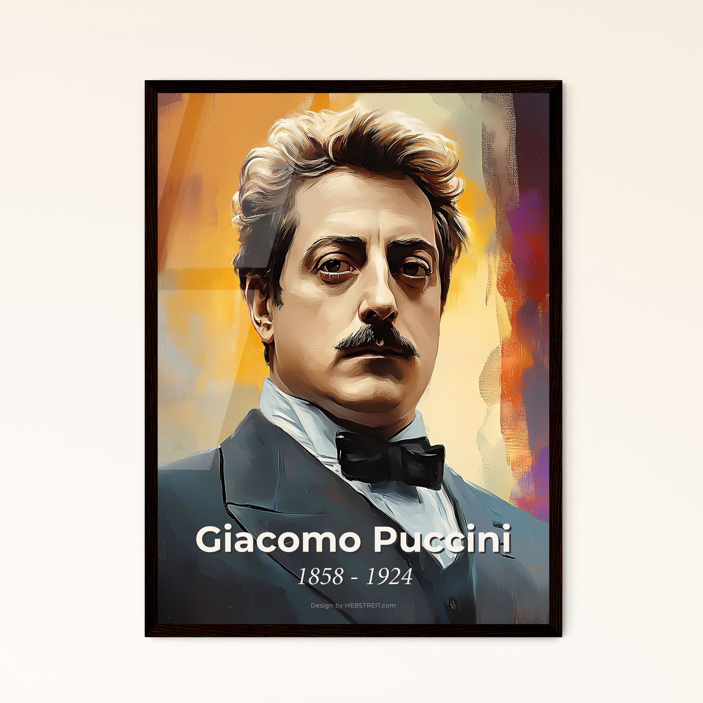 Portrait of Giacomo Puccini, 1858 - 1924. Impressionistic painting of a man with mustache and a bow tie.