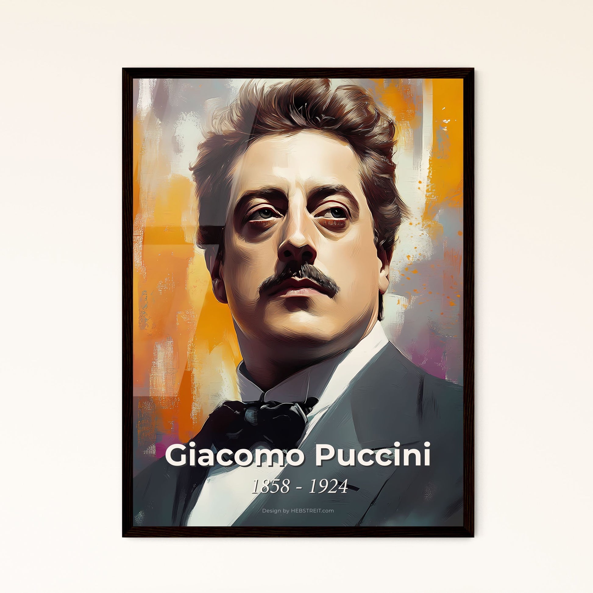 Portrait of Giacomo Puccini, 1858 - 1924. Impressionistic painting of a man in a suit.