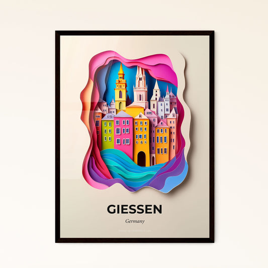 Vivid Gießen, Germany - a paper cut of a city with a rainbow colored sky