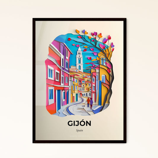 Vivid Gijón, Spain - a paper cut of a city street with a church tower