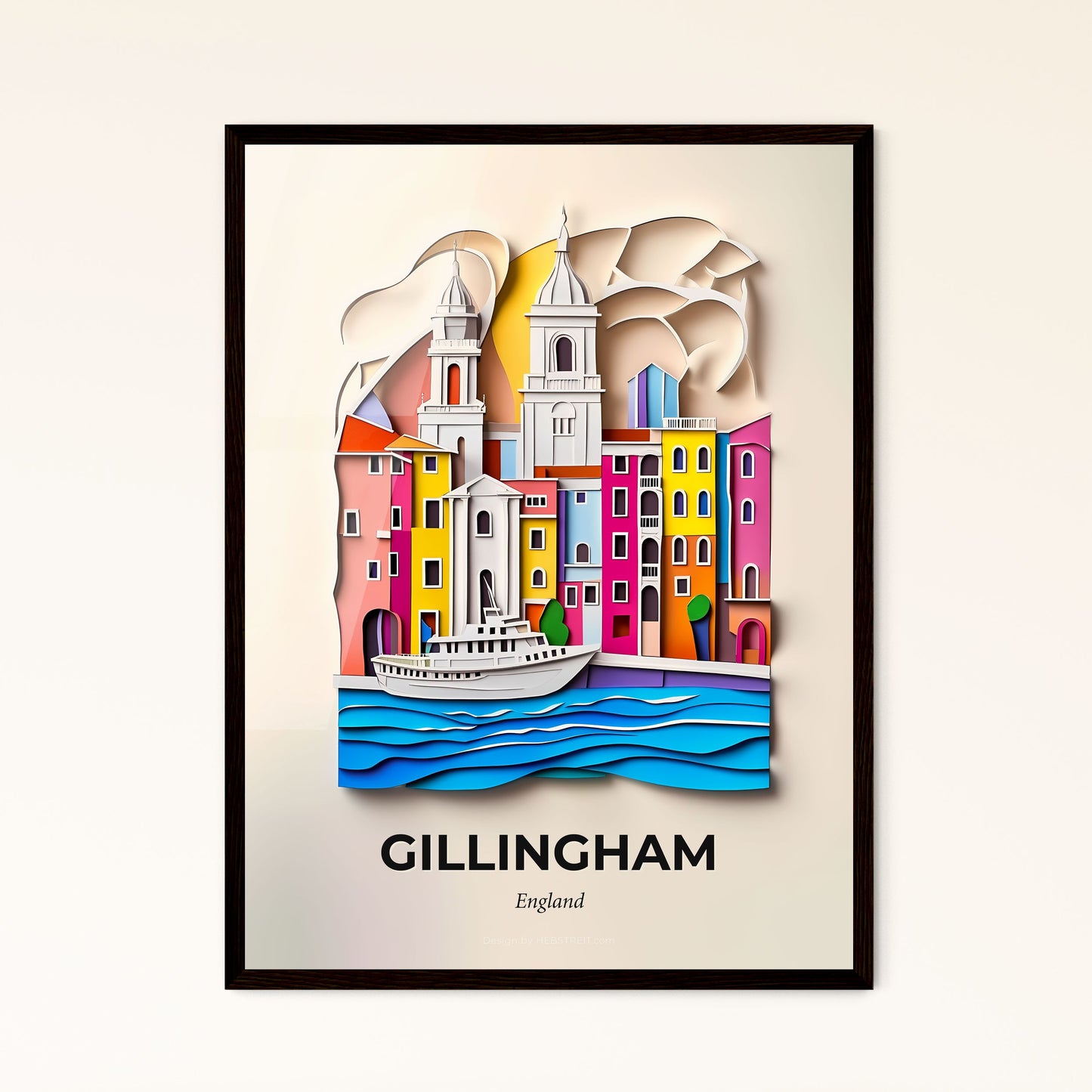 Vivid Gillingham, England - a paper cut of a city with a boat