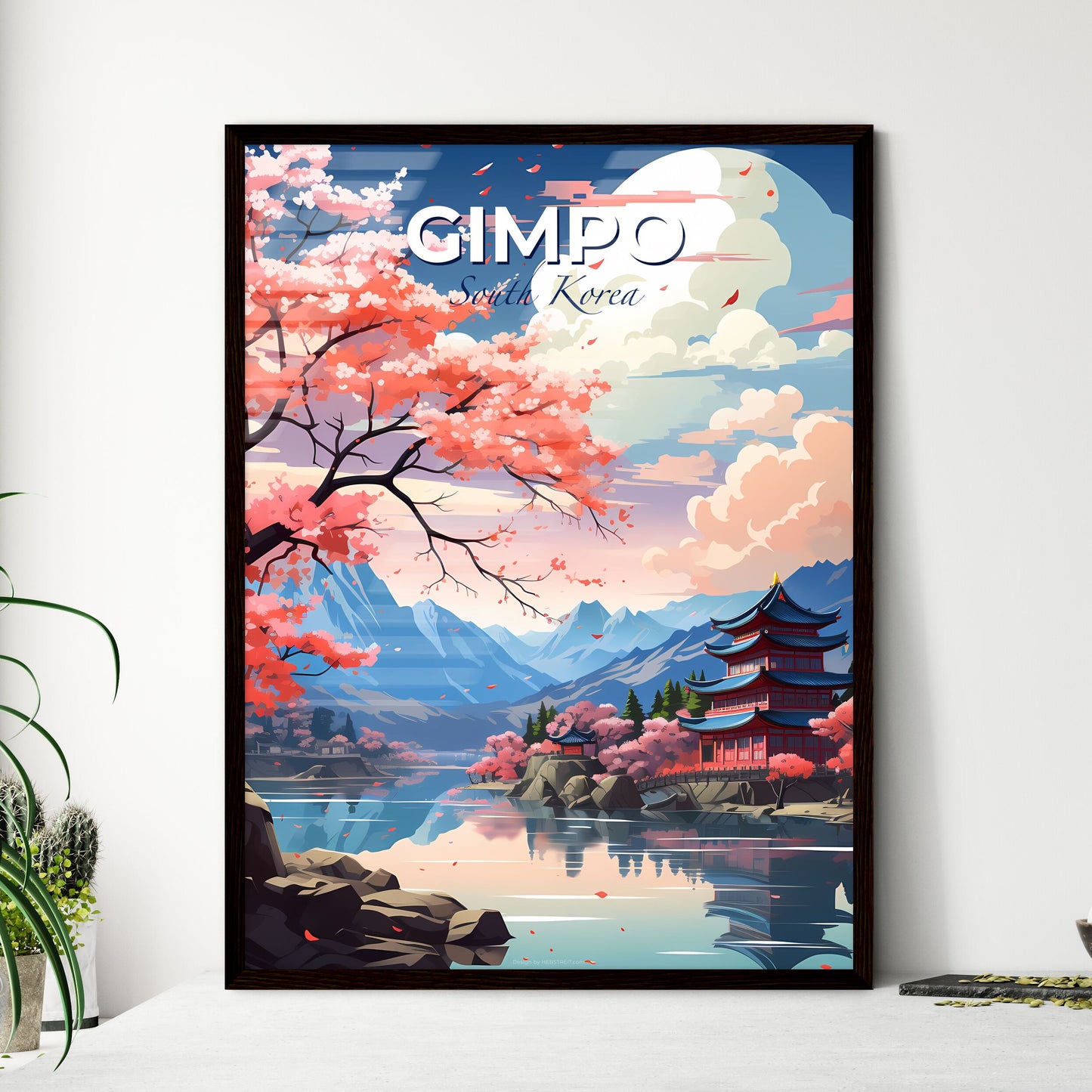 Painting of Gimpo, South Korea Skyline with Pagoda and Pink Flowers Default Title