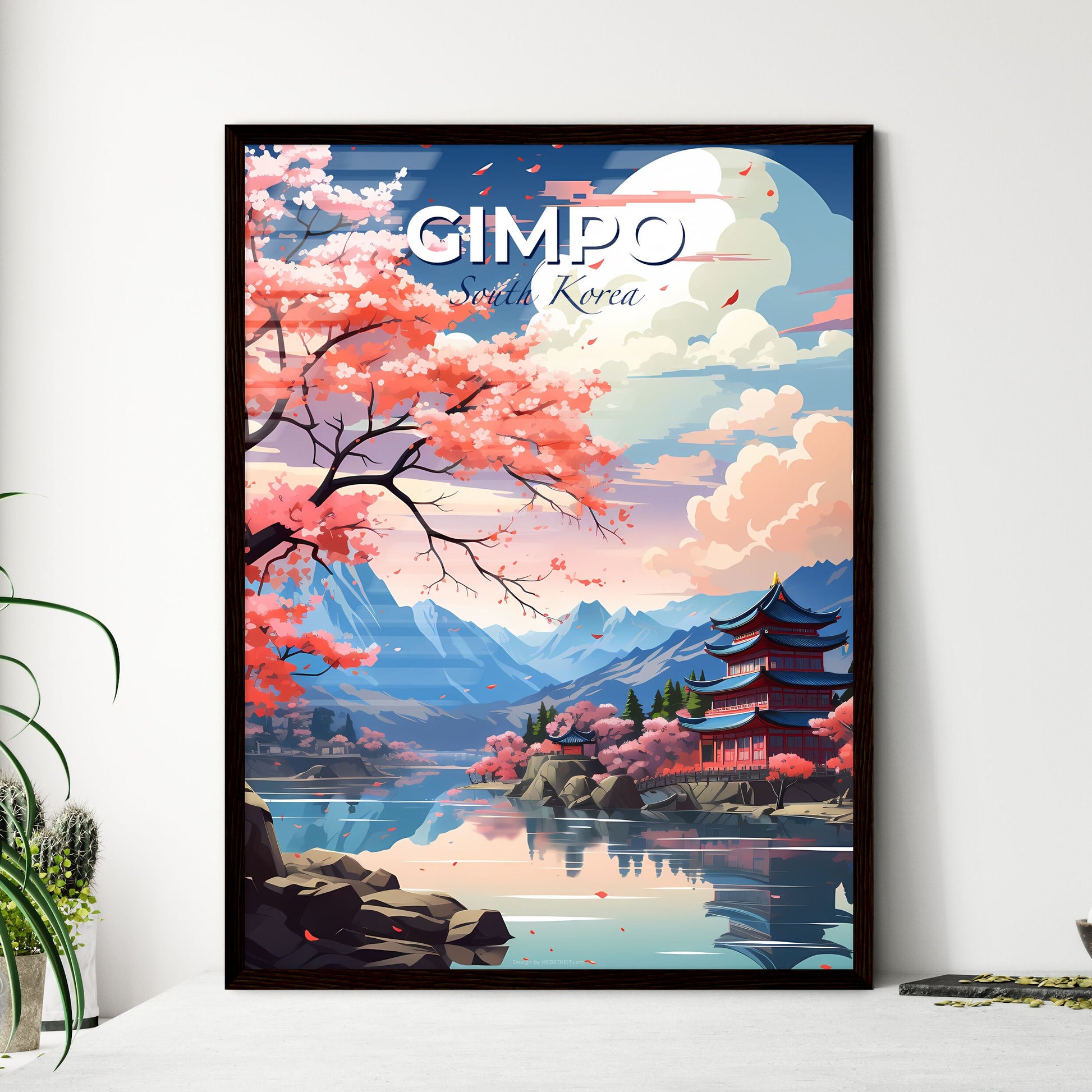 Painting of Gimpo, South Korea Skyline with Pagoda and Pink Flowers Default Title