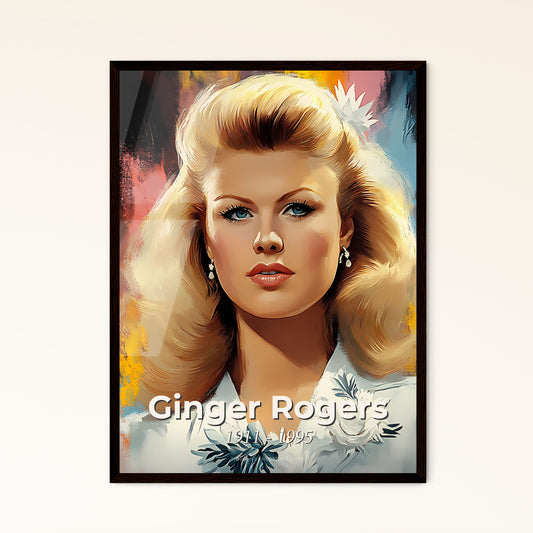 Portrait of Ginger Rogers, 1911 - 1995. Impressionistic painting of a woman with blonde hair and flowers on her neck.