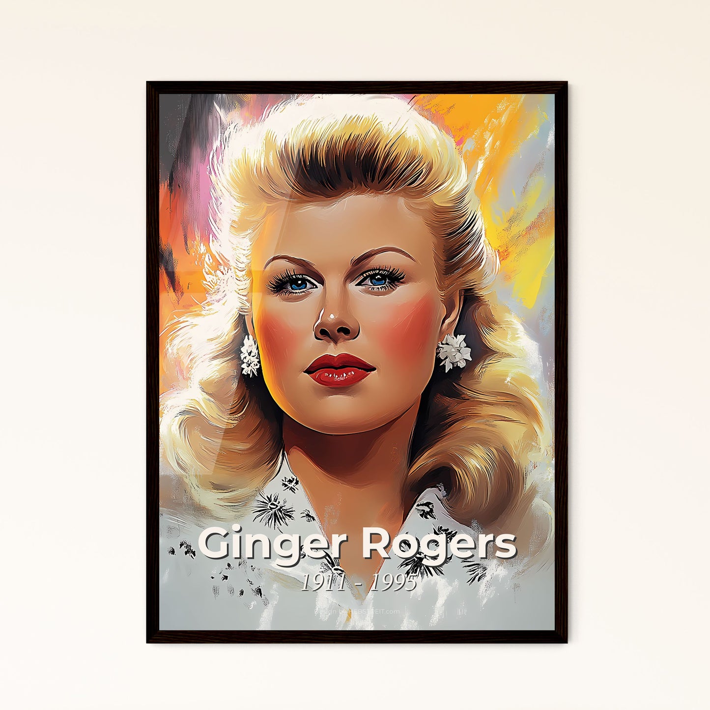 Portrait of Ginger Rogers, 1911 - 1995. Impressionistic painting of a woman with blonde hair and red lips.