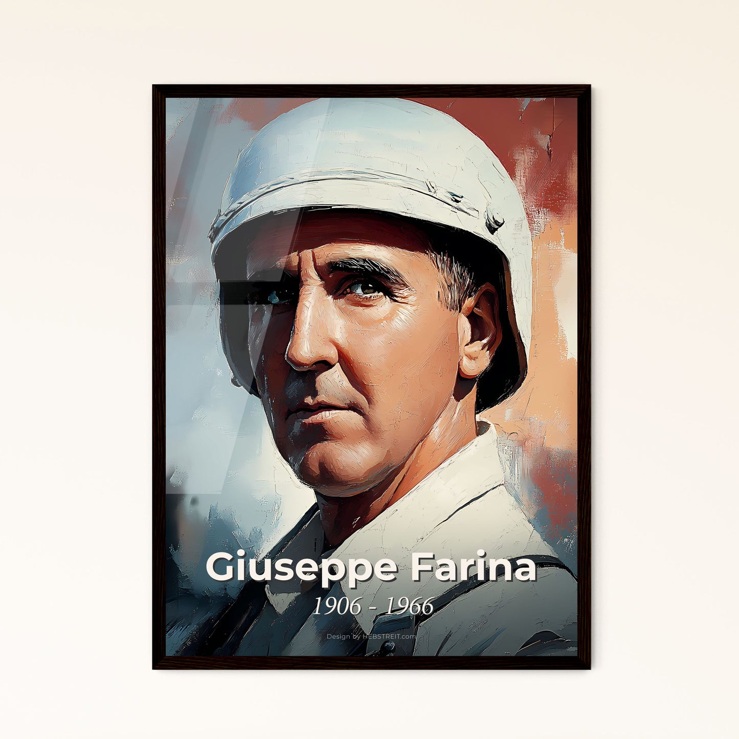 Portrait of Giuseppe Farina, 1906 - 1966. Impressionistic painting of a man wearing a helmet.