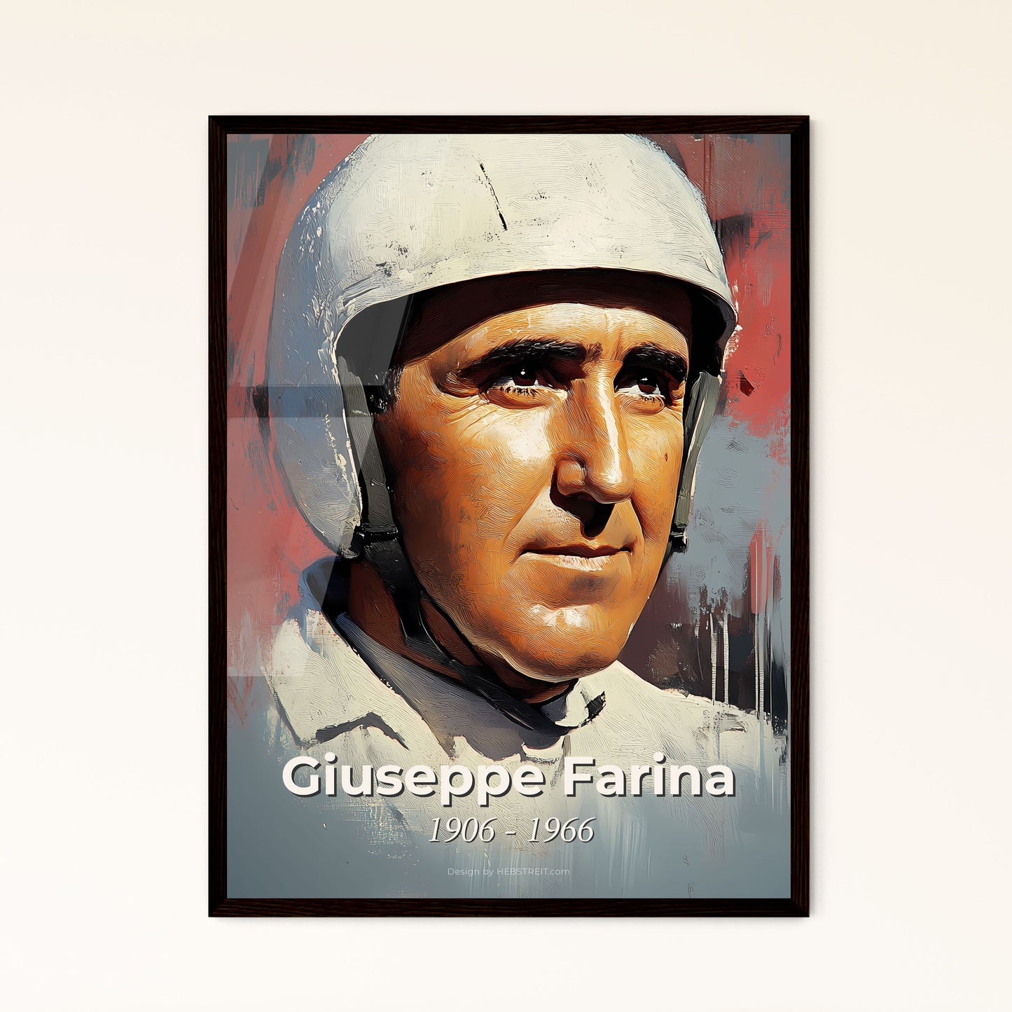 Portrait of Giuseppe Farina, 1906 - 1966. Impressionistic painting of a man wearing a helmet.