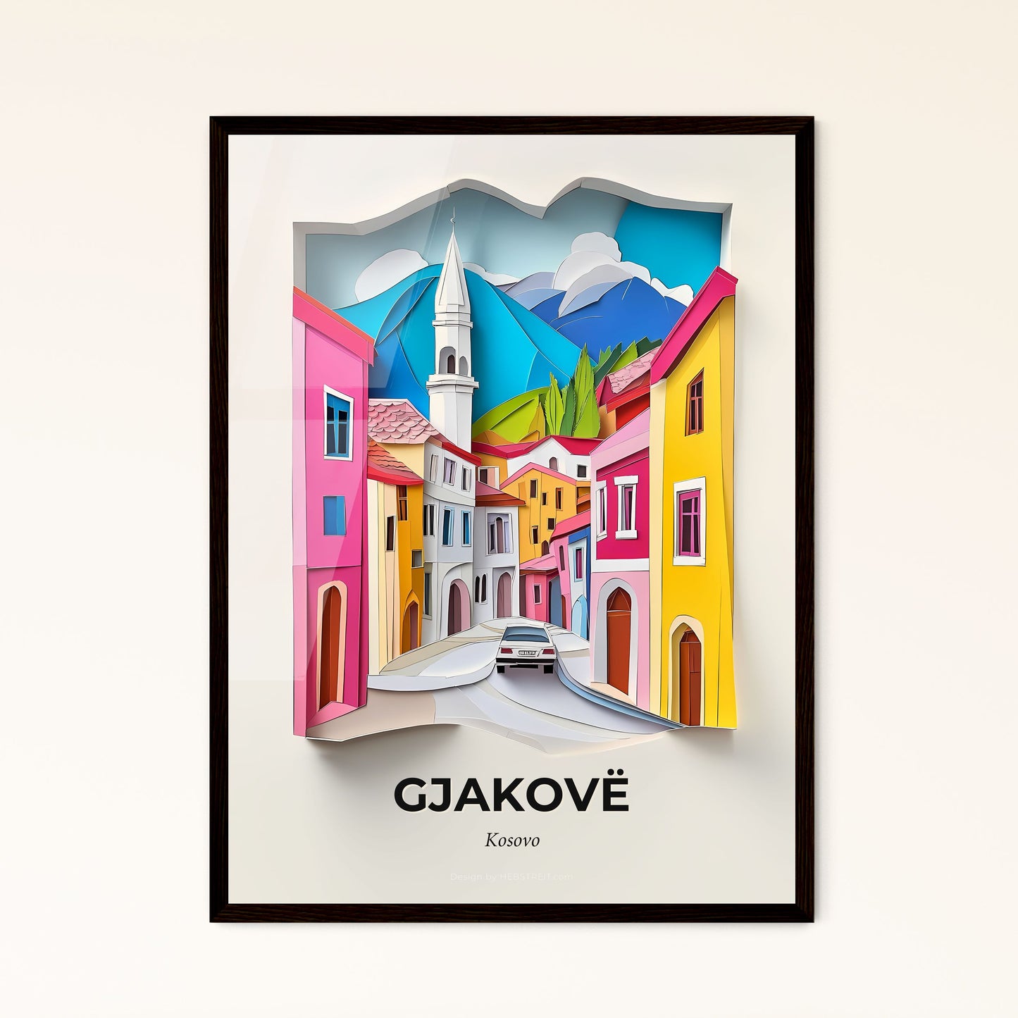 Vivid Gjakovë / Đakovica, Kosovo - a car is driving down a street in a paper cut