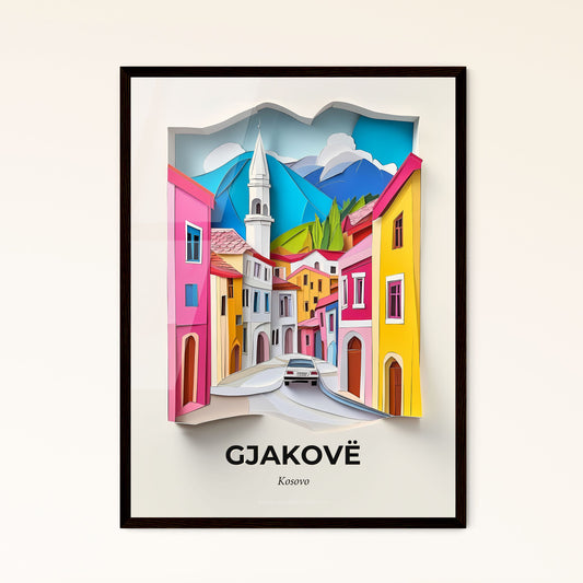 Vivid Gjakovë / Đakovica, Kosovo - a car is driving down a street in a paper cut