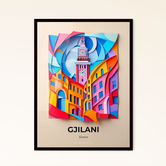 Vivid Gjilani / Gnjilane, Kosovo - a clock tower is shown in a colorful paper cut art