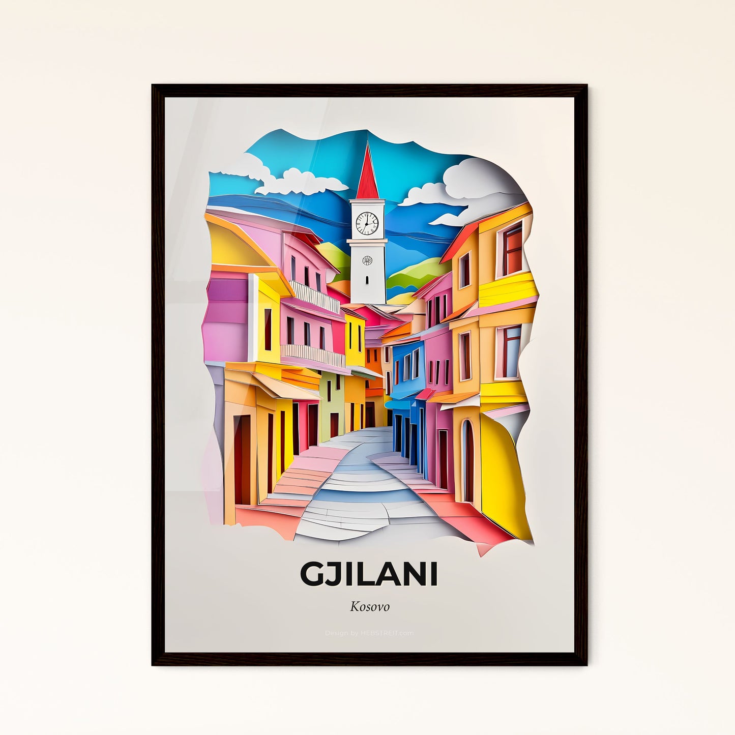 Vivid Gjilani / Gnjilane, Kosovo - a paper cut of a colorful city with a clock tower