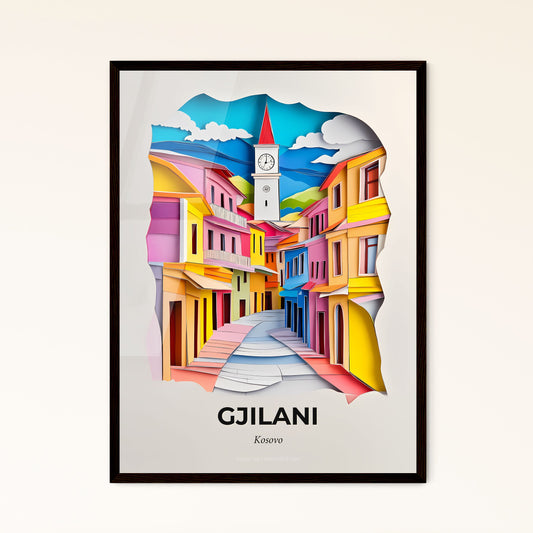 Vivid Gjilani / Gnjilane, Kosovo - a paper cut of a colorful city with a clock tower