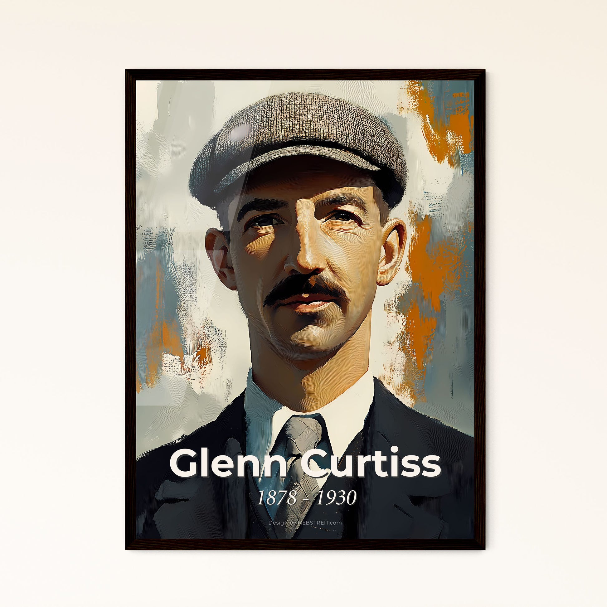 Portrait of Glenn Curtiss, 1878 - 1930. Impressionistic painting of a man with a mustache wearing a hat.