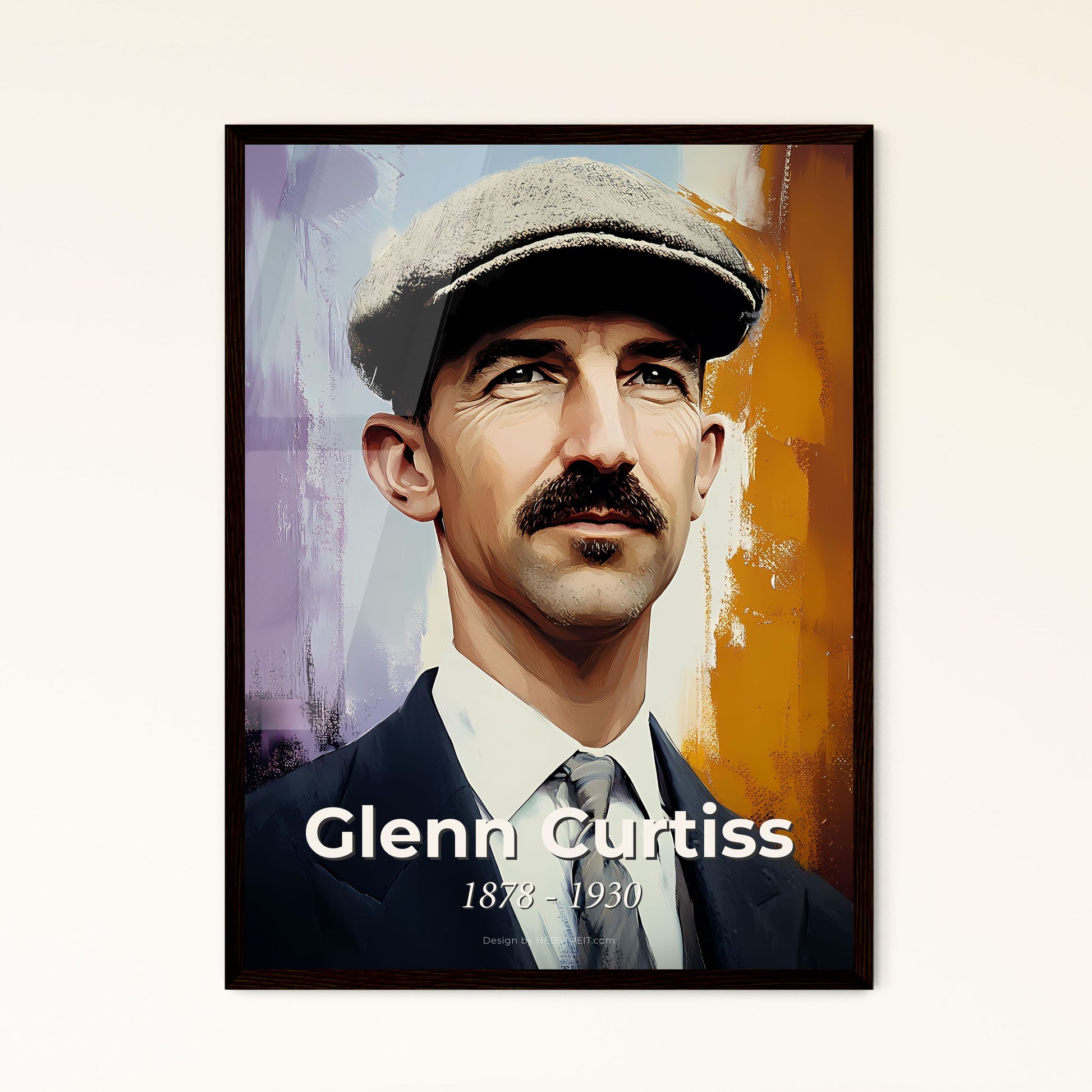 Portrait of Glenn Curtiss, 1878 - 1930. Impressionistic painting of a man with a mustache wearing a hat.