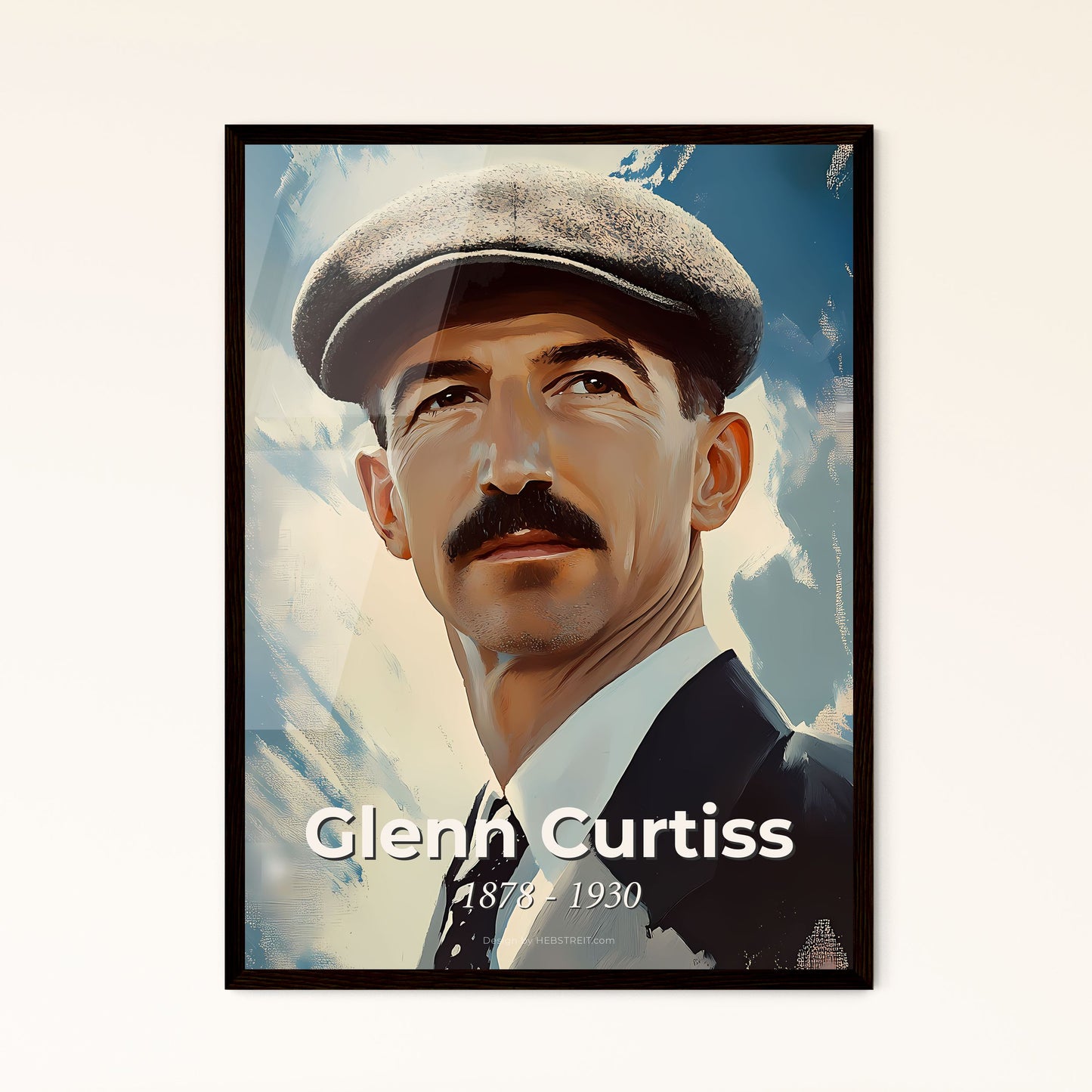 Portrait of Glenn Curtiss, 1878 - 1930. Impressionistic painting of a man with a mustache wearing a hat.