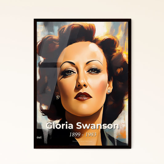 Portrait of Gloria Swanson, 1899 - 1983. Impressionistic painting of a woman with curly hair and makeup.