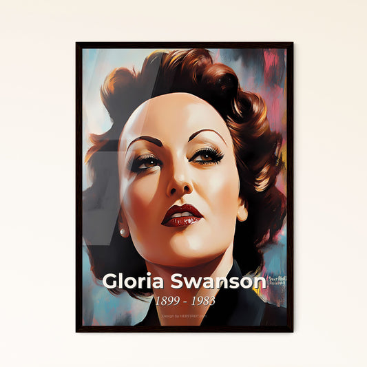 Portrait of Gloria Swanson, 1899 - 1983. Impressionistic painting of a woman with short brown hair and red lipstick.