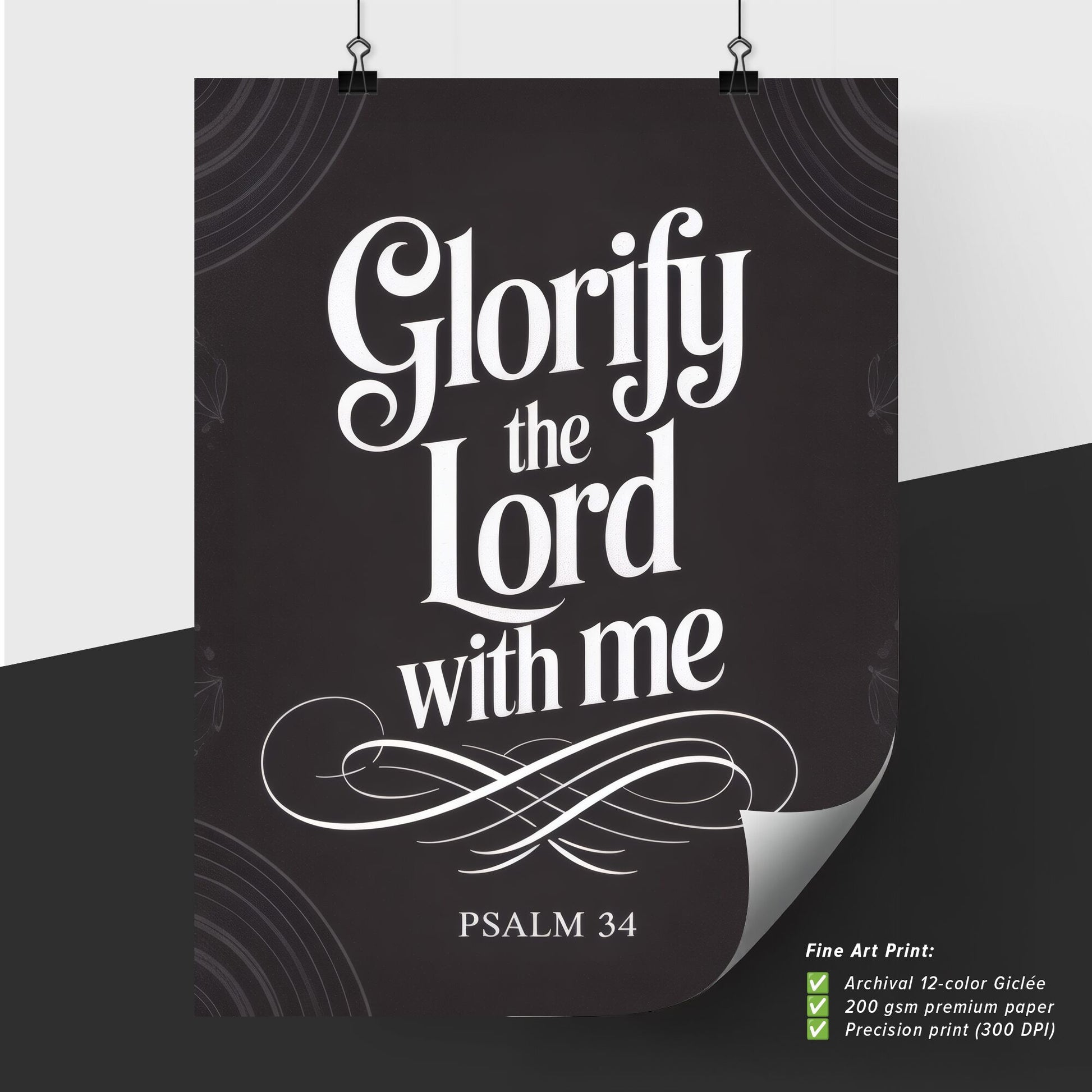 Glorify the Lord with Me: Inspirational Quote from Psalm 34 for Faith and Worship.